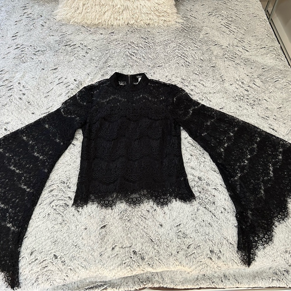 VENUS Black Lace High-Neck Bell-Sleeve Blouse - Picture 4 of 10